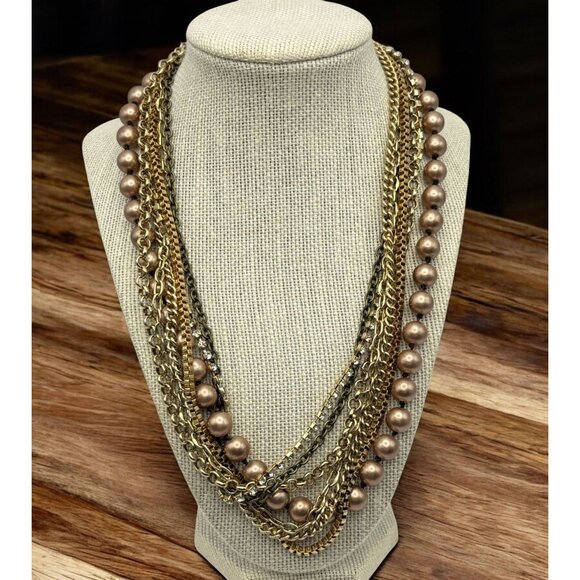 Vintage Layered Multi-Strand Necklace Gold Tone Chains Bronze Beads Rhinestones - Picture 1 of 8